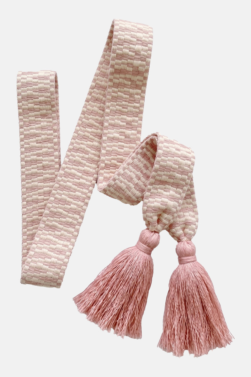 WOVEN BELT WITH TASSELS "ZIGZAG" PALE PINK/ECRU