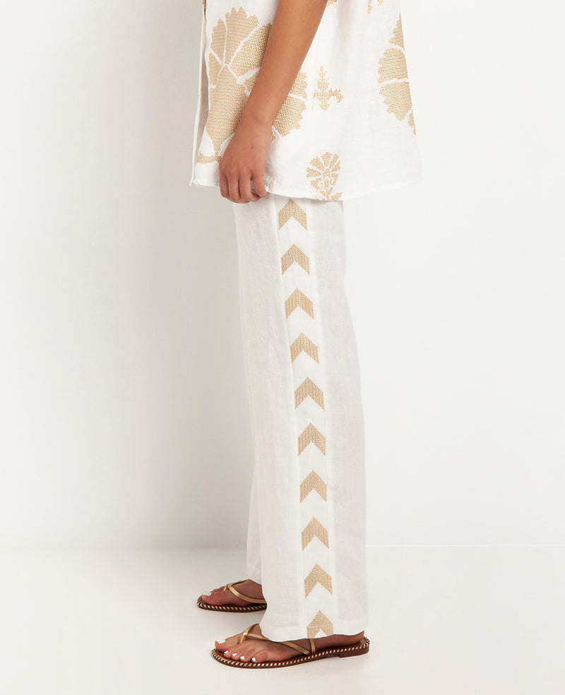 LINEN PANTS "ARROW" WHITE/BLUE-GREEN