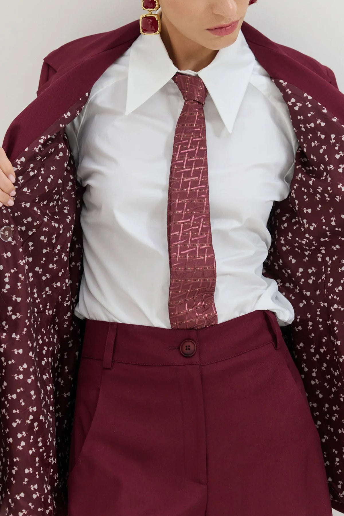 LONG OVERSIZED BLAZER WITH FLOWER LINING BORDEAUX