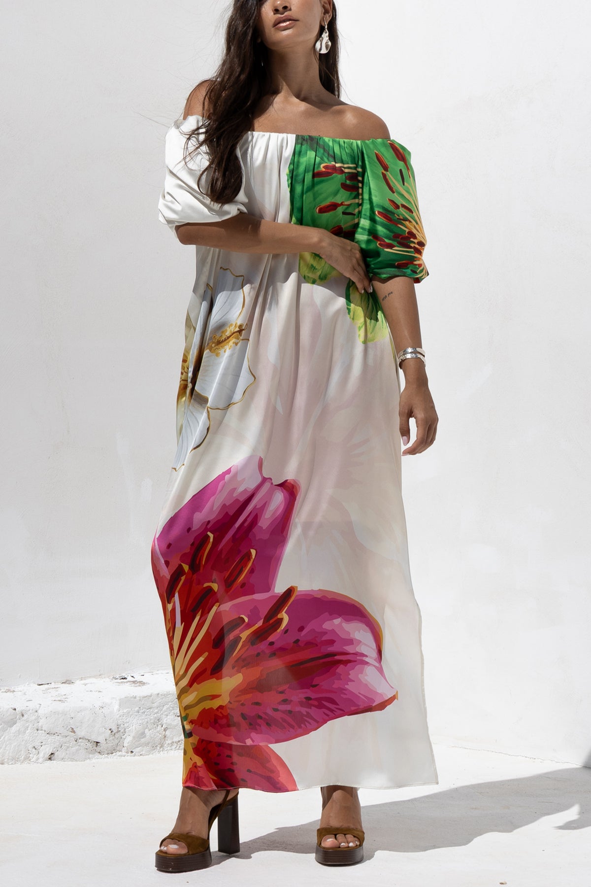 LONG OFF SHOULDER DRESS "BLOSSOM" ECRU/GREEN/FUCHSIA