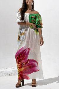 LONG OFF SHOULDER DRESS "BLOSSOM" ECRU/GREEN/FUCHSIA