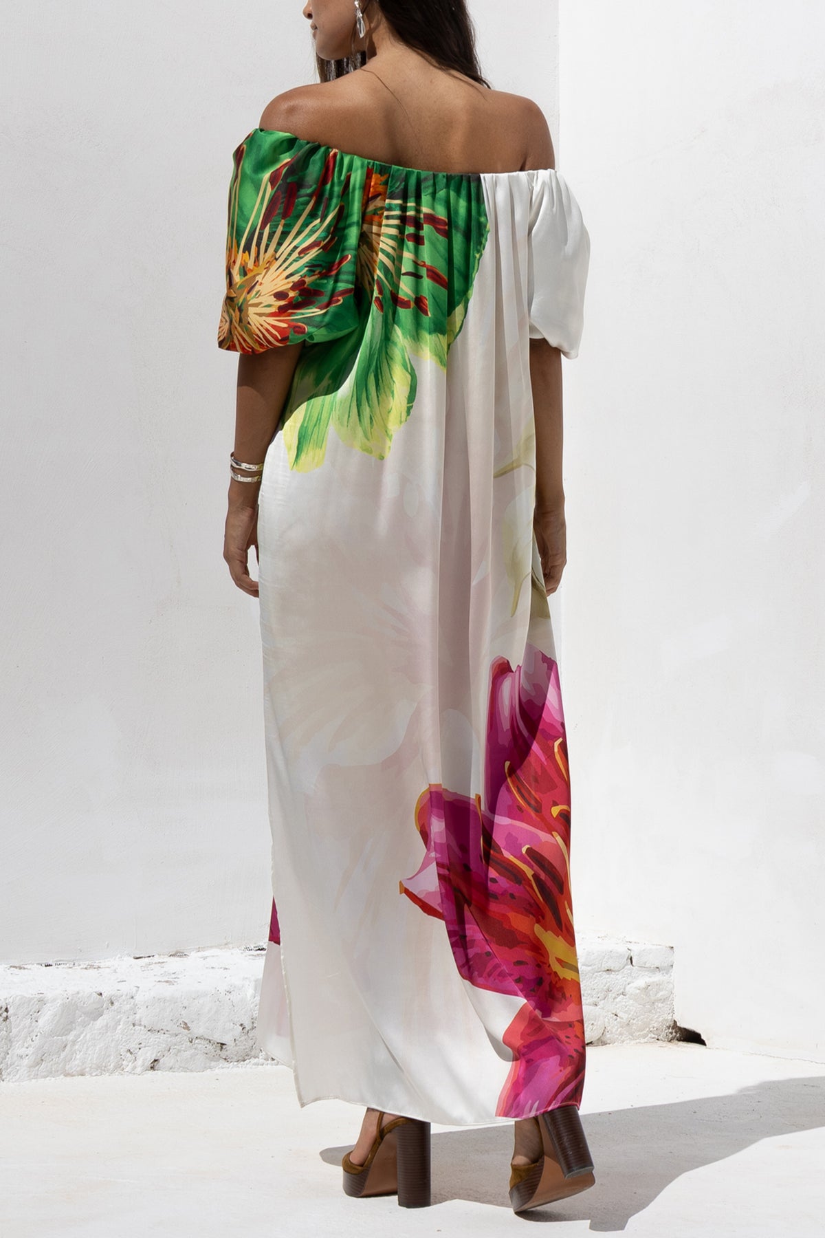 LONG OFF SHOULDER DRESS "BLOSSOM" ECRU/GREEN/FUCHSIA