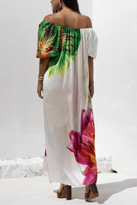 LONG OFF SHOULDER DRESS "BLOSSOM" ECRU/GREEN/FUCHSIA