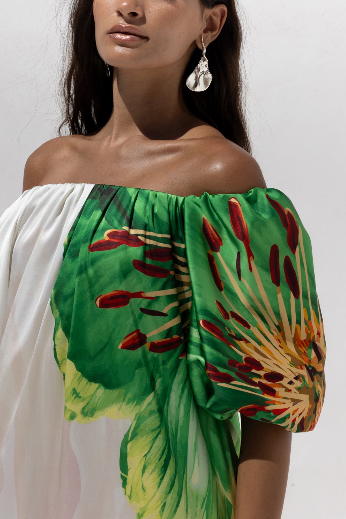 LONG OFF SHOULDER DRESS "BLOSSOM" ECRU/GREEN/FUCHSIA