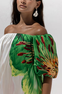 LONG OFF SHOULDER DRESS "BLOSSOM" ECRU/GREEN/FUCHSIA