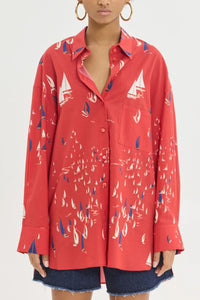 OVERSIZED COTTON BLOUSE "LORA" RED/BOATS