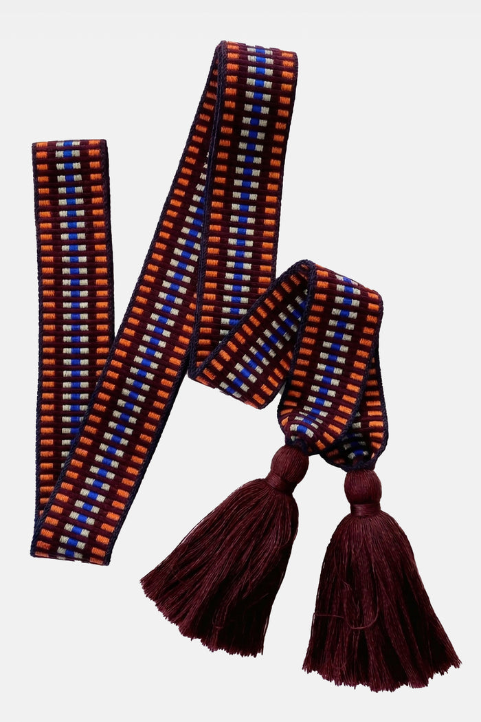 WOVEN BELT WITH TASSELS "GRAPHIC" BORDEAUX/ORANGE/COBALT