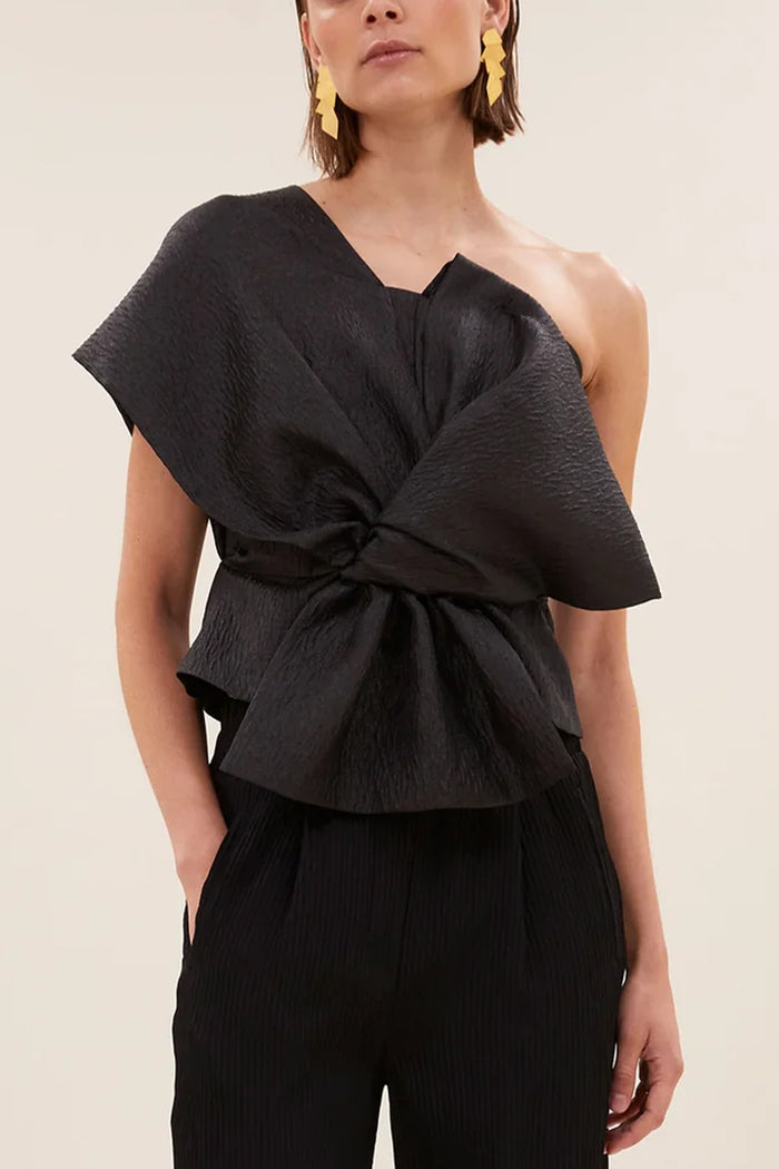 ONE SHOULDER TOP "BOW" GLOSSY BLACK