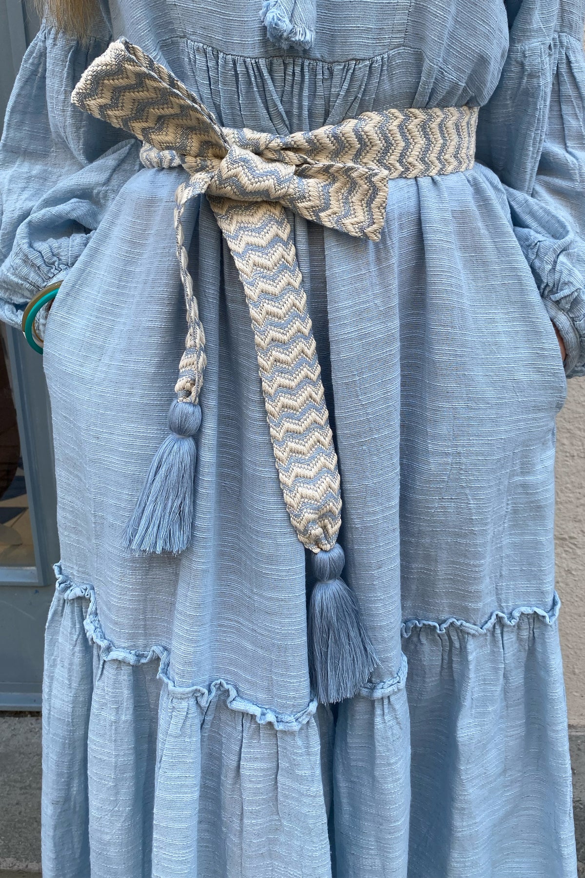 WOVEN BELT WITH TASSELS "CHEVRON" ICE BLUE/ECRU