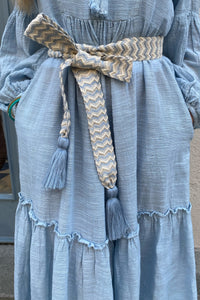 WOVEN BELT WITH TASSELS "CHEVRON" ICE BLUE/ECRU