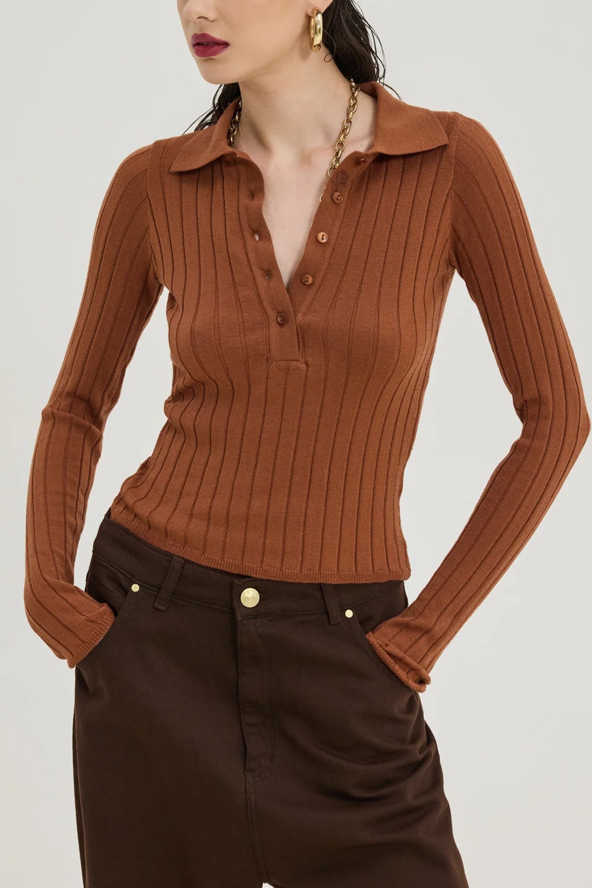 SLIM VISCOSE POLO PULLOVER "SPECTER" CHOCOLATE