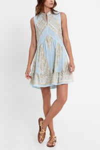 SHORT SLEEVELESS COTTON DRESS "EMBROIDERED" CIEL/GOLD