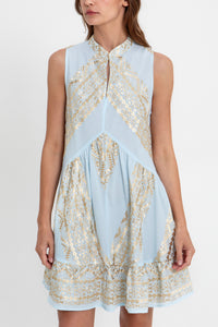 SHORT SLEEVELESS COTTON DRESS "EMBROIDERED" CIEL/GOLD