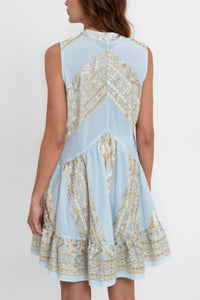 SHORT SLEEVELESS COTTON DRESS "EMBROIDERED" CIEL/GOLD