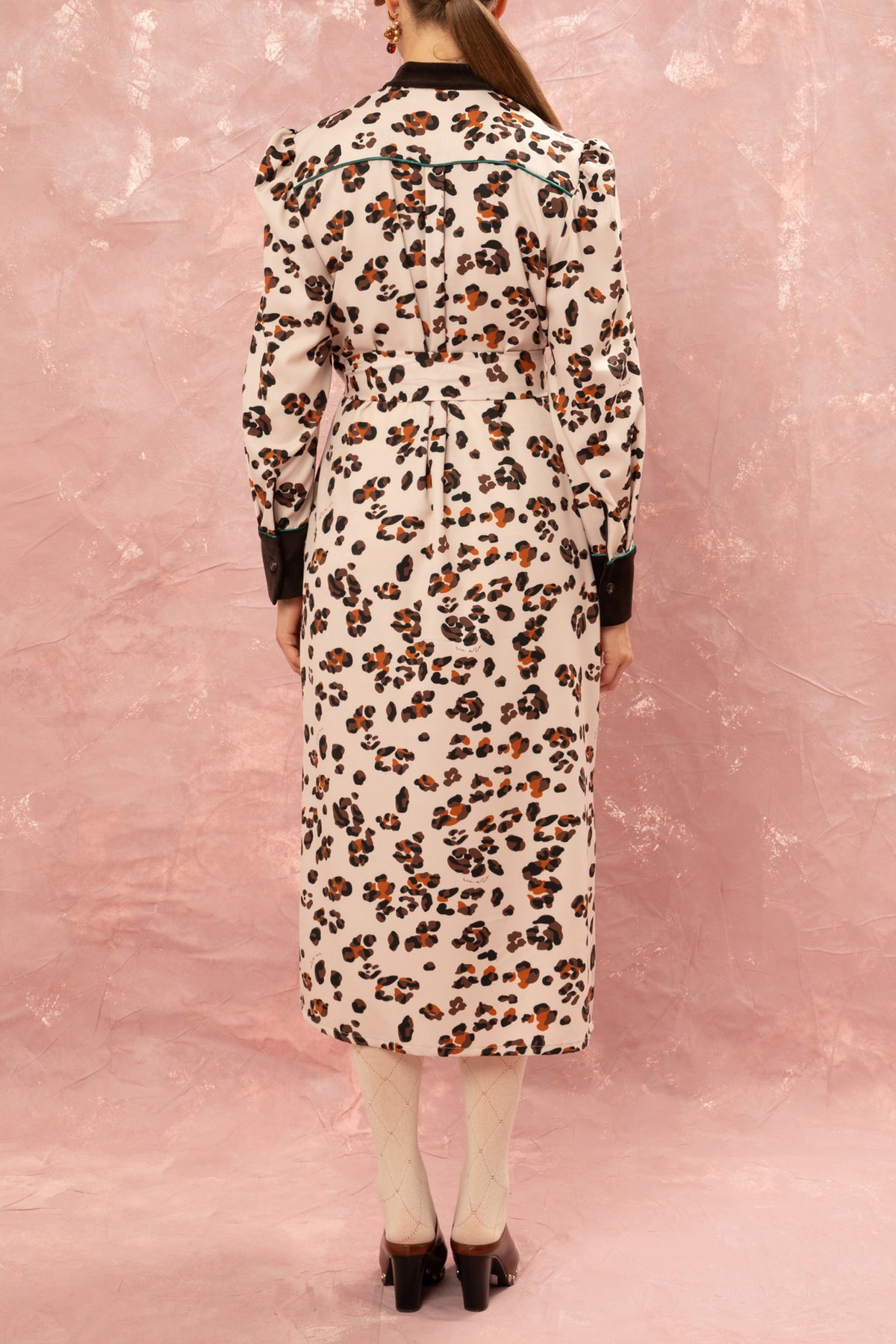 MIDI SHIRT DRESS WITH CORDUROY DETAILS "LEOPARD" CREAM/BROWN
