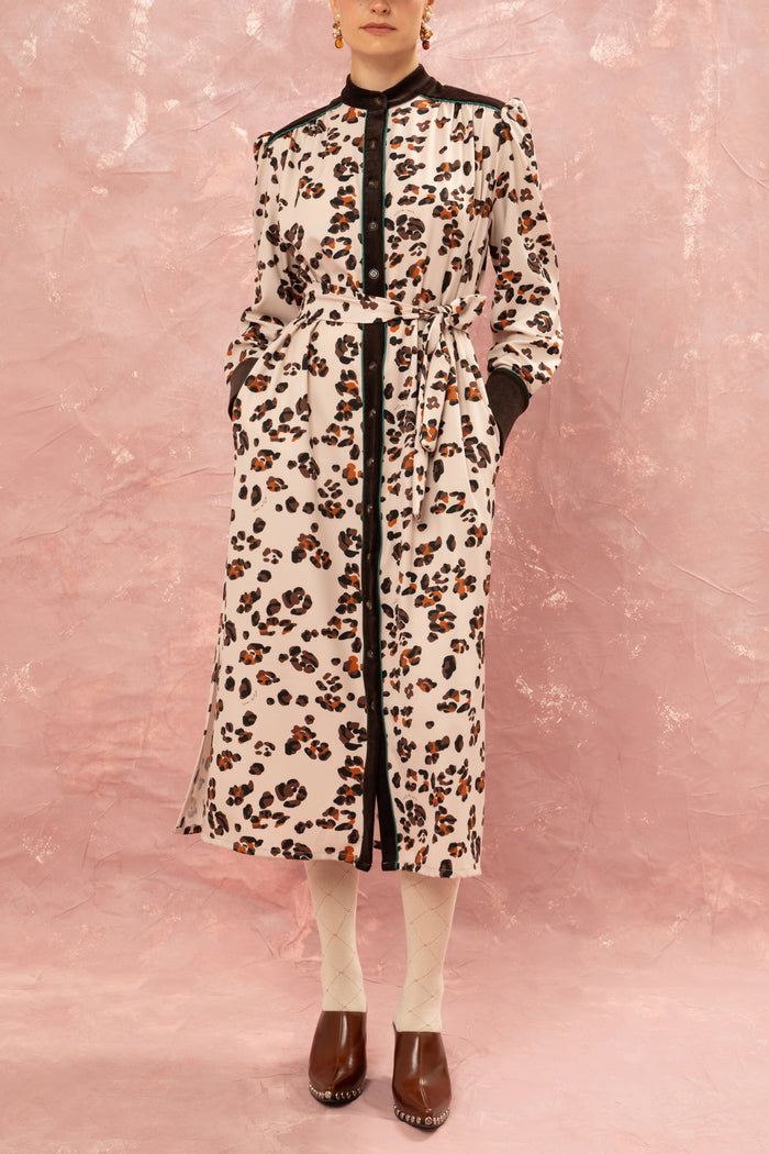 MIDI SHIRT DRESS WITH CORDUROY DETAILS "LEOPARD" CREAM/BROWN