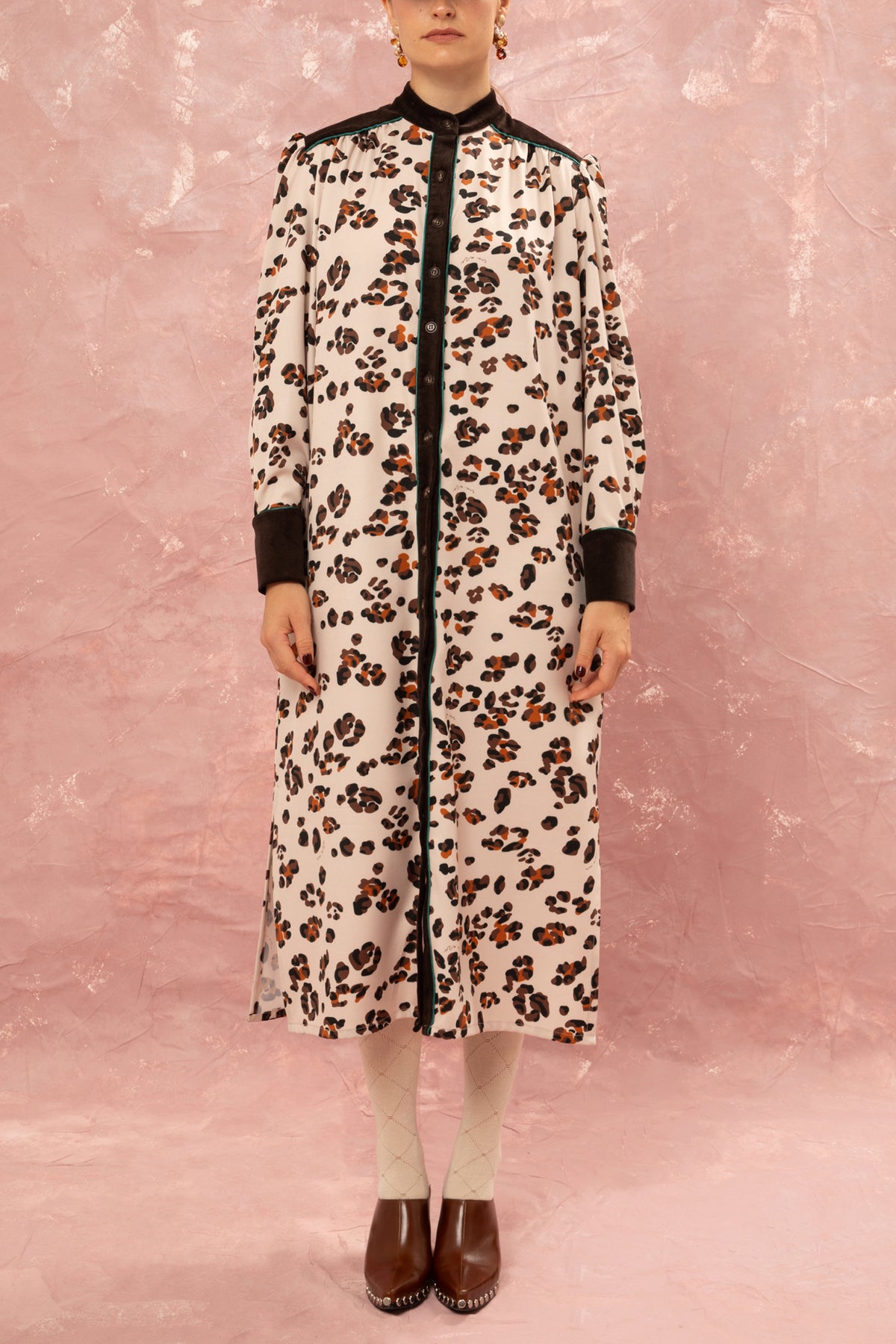 MIDI SHIRT DRESS WITH CORDUROY DETAILS "LEOPARD" CREAM/BROWN