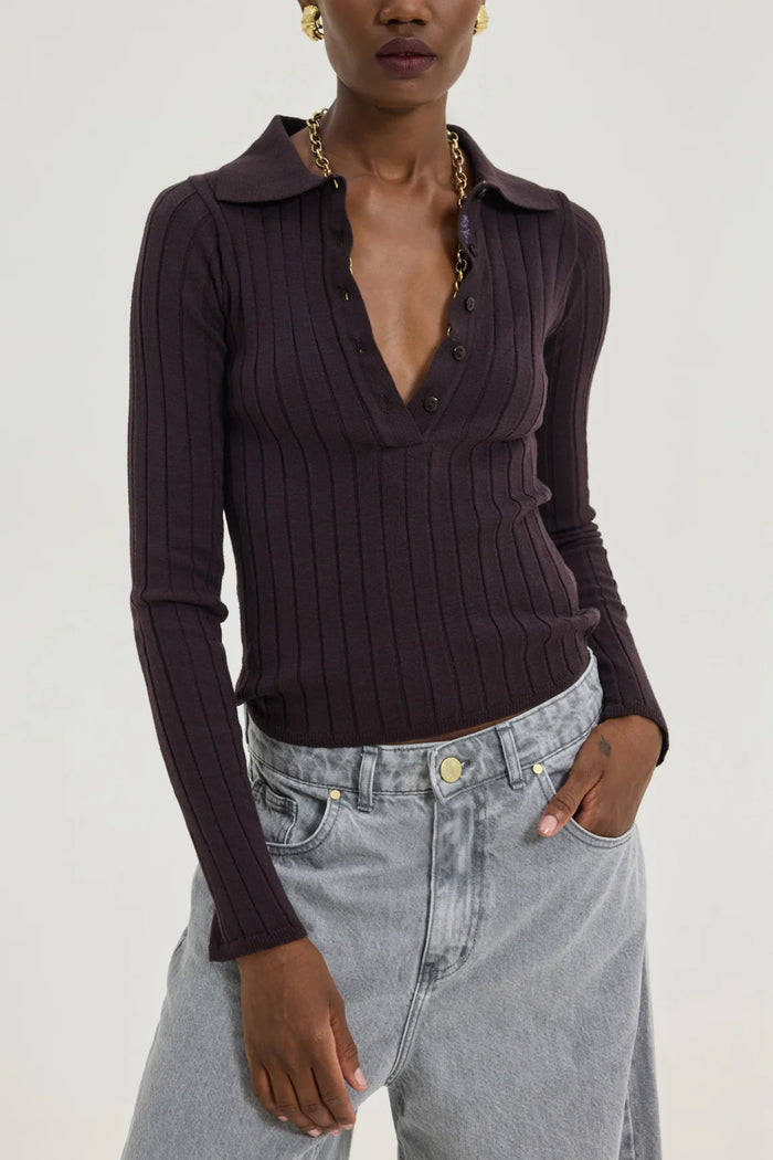 SLIM VISCOSE POLO PULLOVER "SPECTER" DARK AUBERGINE BROWN