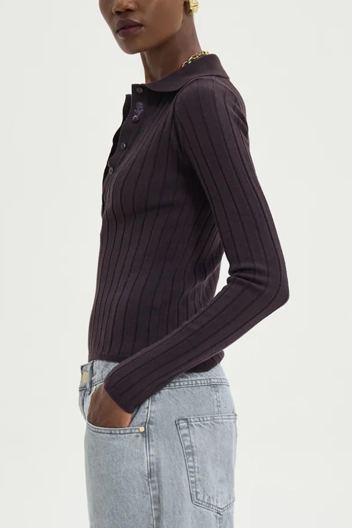 SLIM VISCOSE POLO PULLOVER "SPECTER" DARK AUBERGINE BROWN