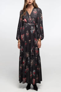 LONG LUREX JERSEY WRAP DRESS BLACK/RED