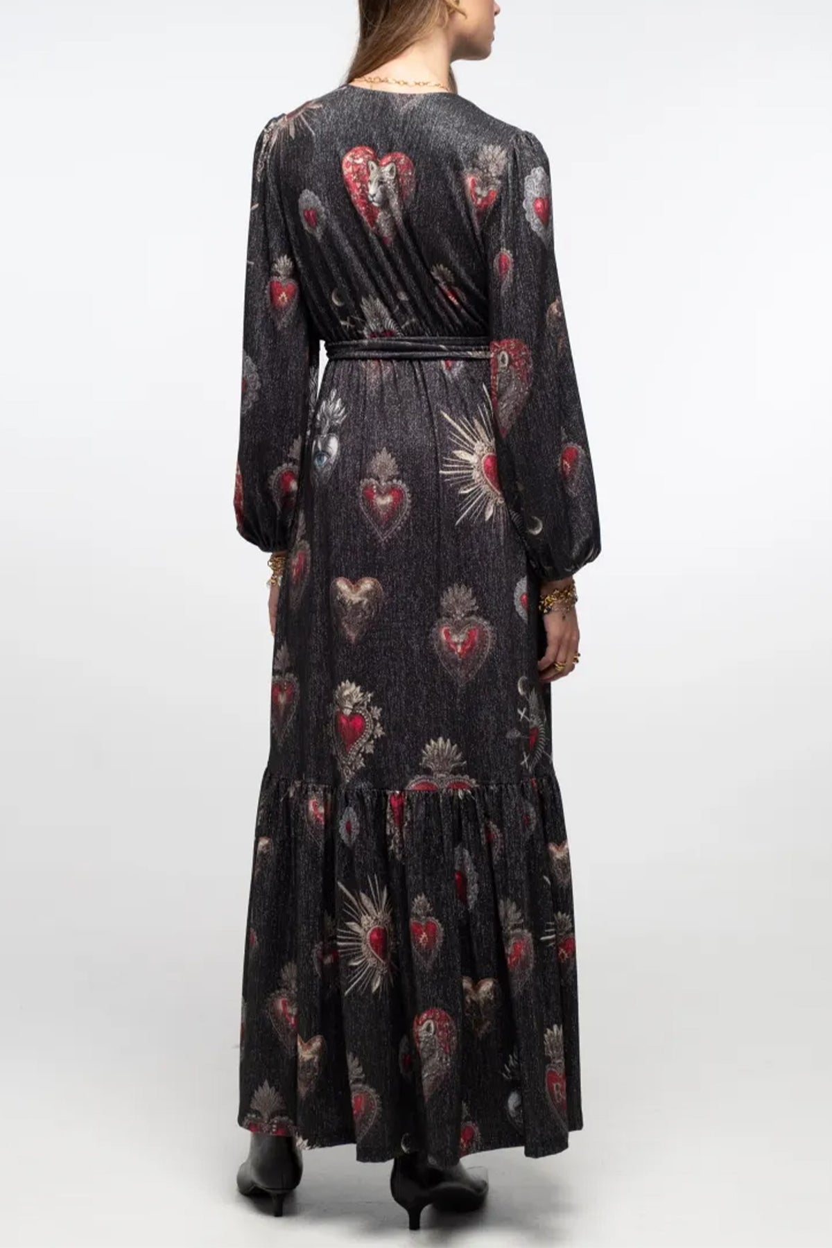 LONG LUREX JERSEY WRAP DRESS BLACK/RED