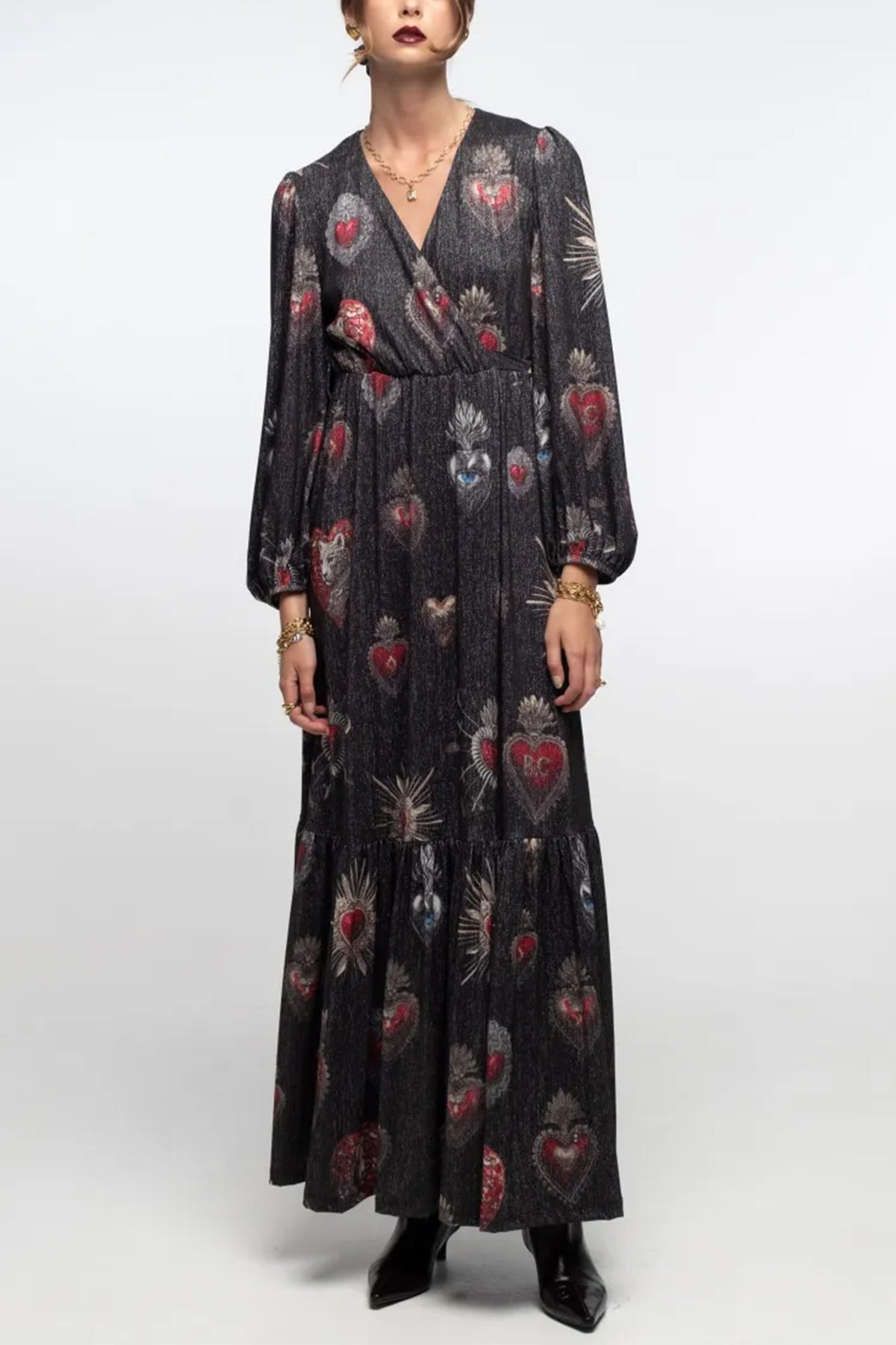 LONG LUREX JERSEY WRAP DRESS BLACK/RED