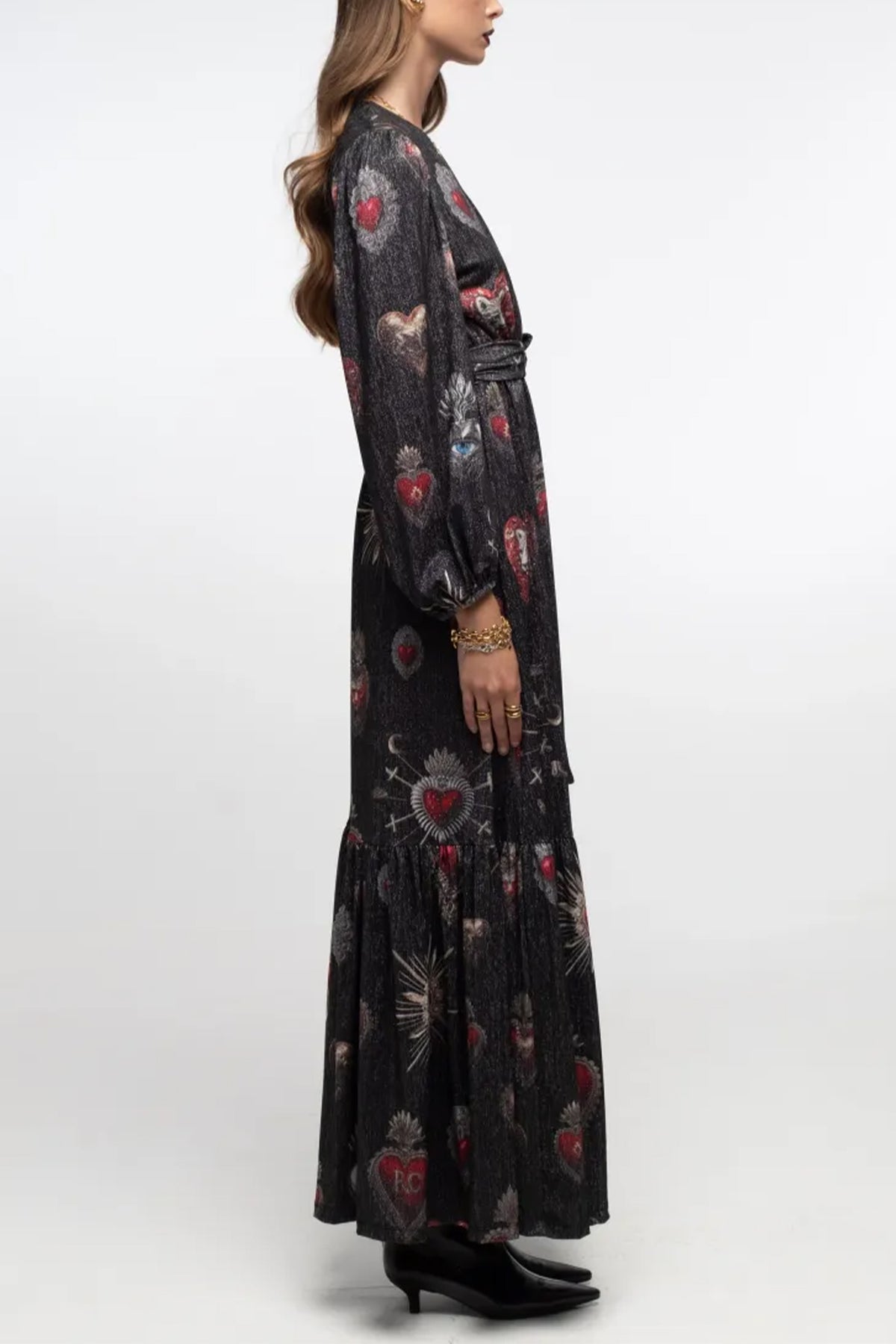 LONG LUREX JERSEY WRAP DRESS BLACK/RED