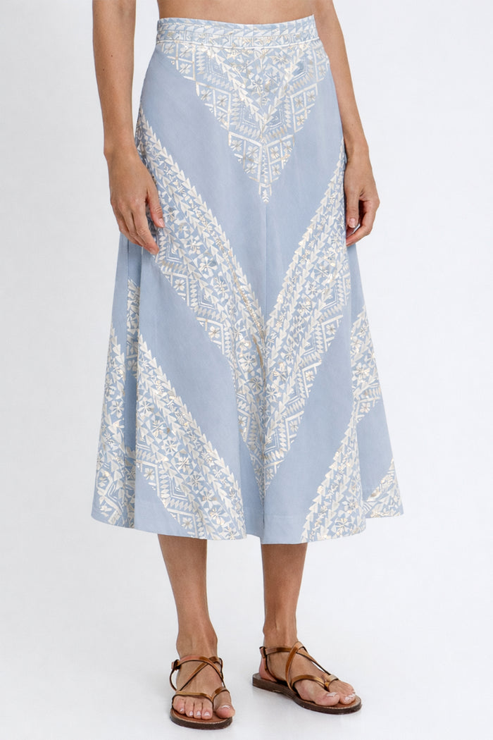 MIDI COTTON SKIRT "EMBROIDERED" LIGHT GREY/CHAMPAGNE