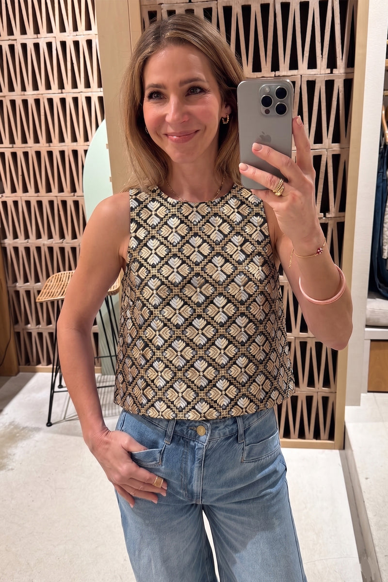 CROPPED EMBROIDERED RAMIE TOP "FLAKES" BLACK/GOLD/CHAMPAGNE