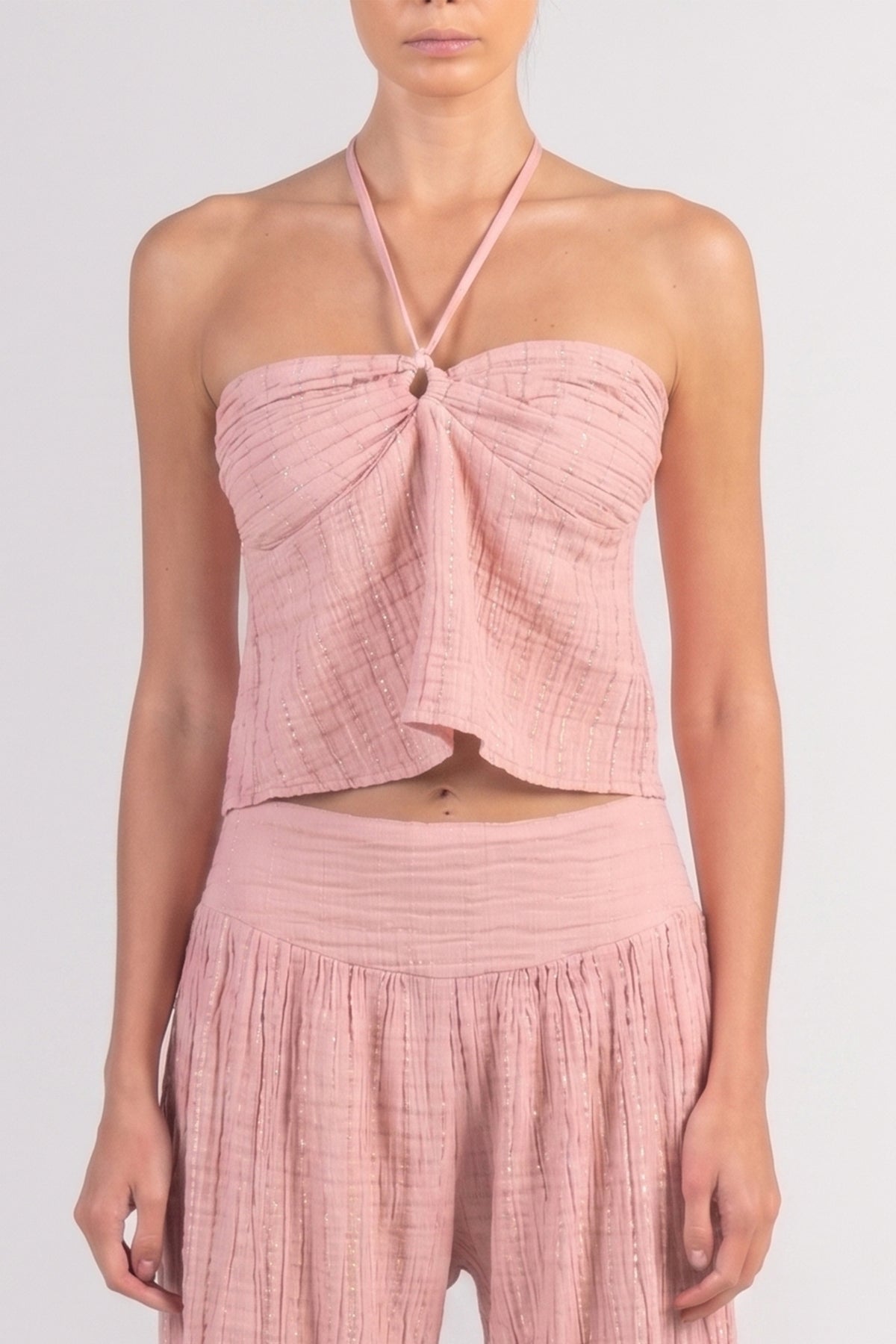 GAUZE NECKHOLDER CROP TOP "LIMNOS" DUSTY PINK/LUREX