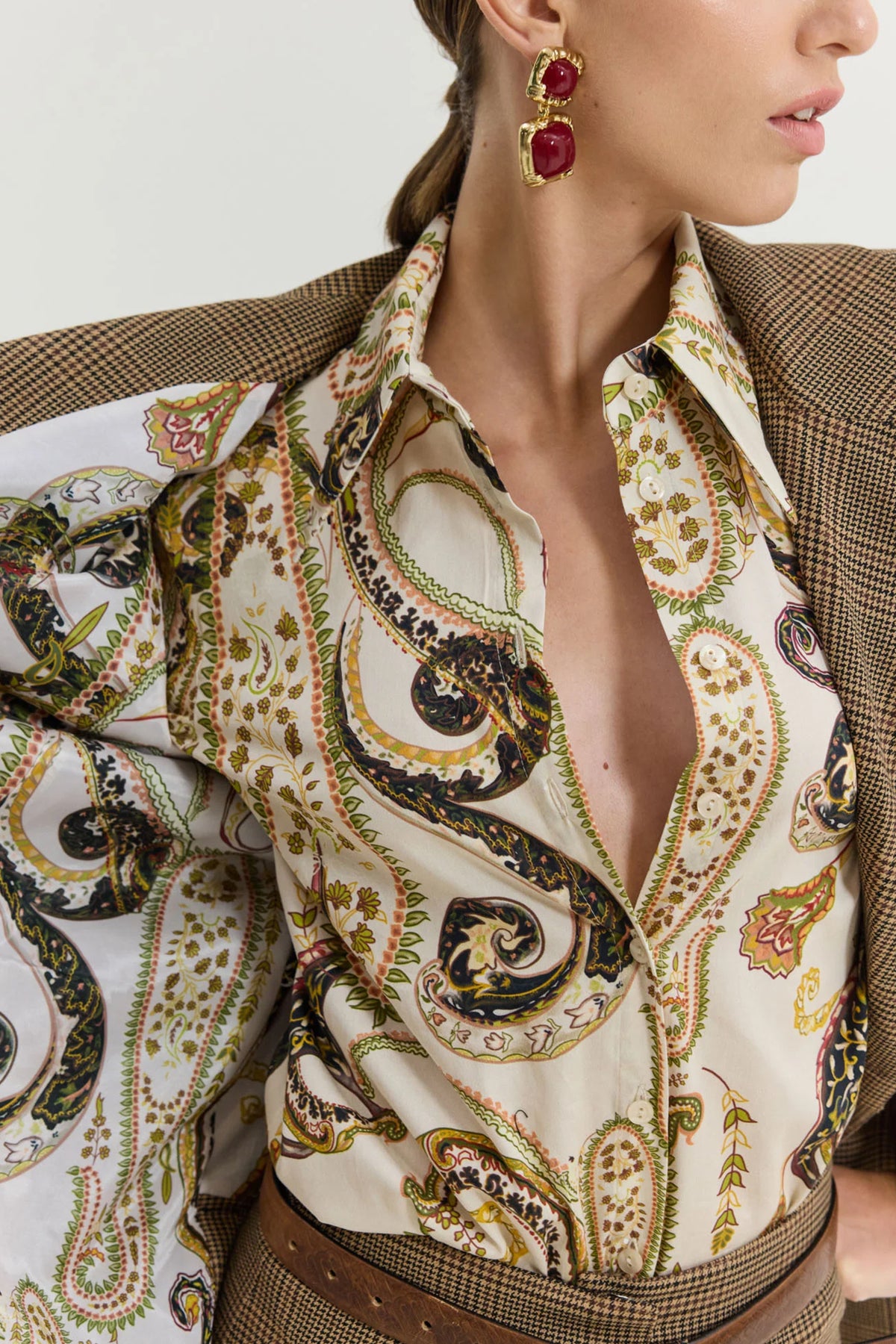 LONG OVERSIZED GLENCHECK BLAZER WITH PAISLEY LINING