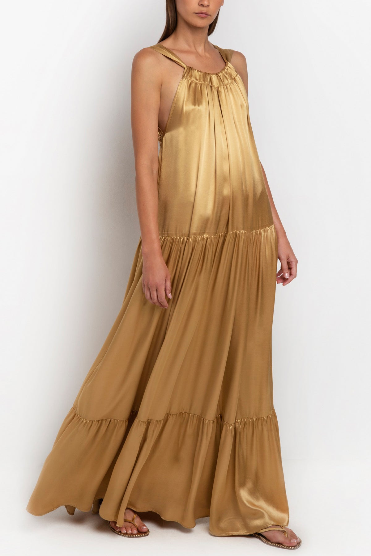 LONG BACKLESS DRESS "GLOSSY SATIN" GOLD