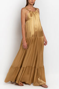 LONG BACKLESS DRESS "GLOSSY SATIN" GOLD