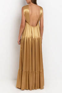 LONG BACKLESS DRESS "GLOSSY SATIN" GOLD