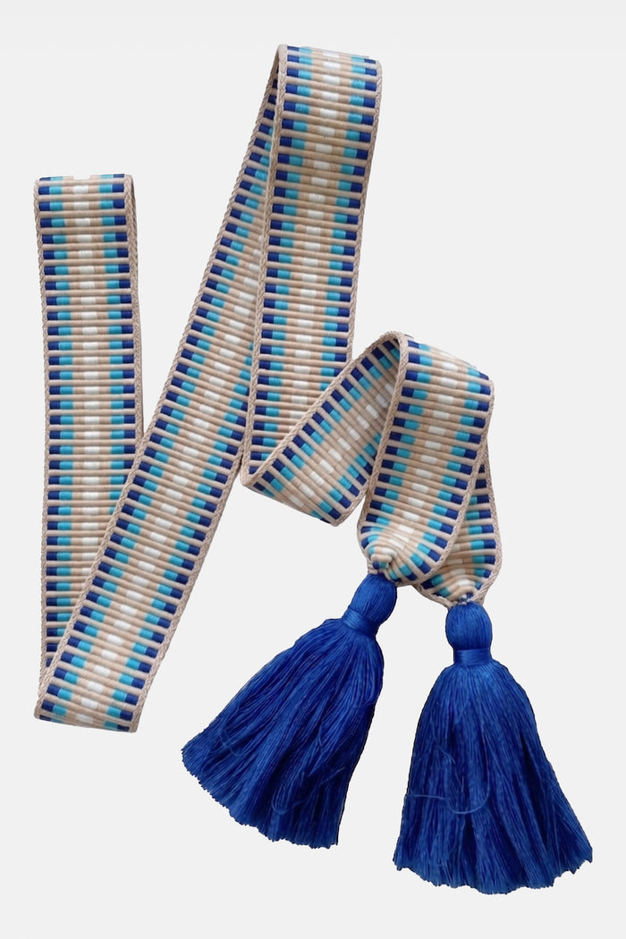 WOVEN BELT WITH TASSELS "GRAPHIC" SAND/LIGHT BLUE/COBALT