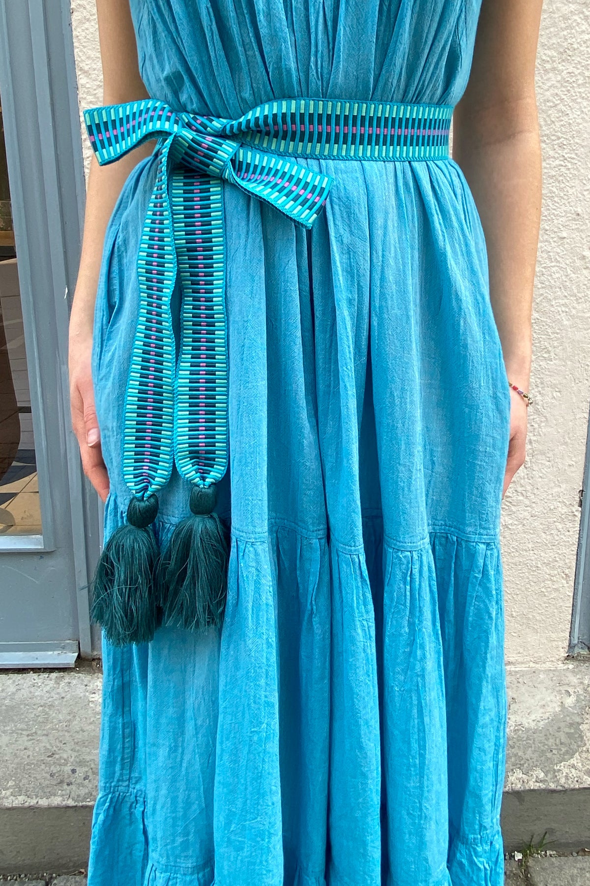WOVEN BELT WITH TASSELS "GRAPHIC" PETROL/MINT/FUCHSIA