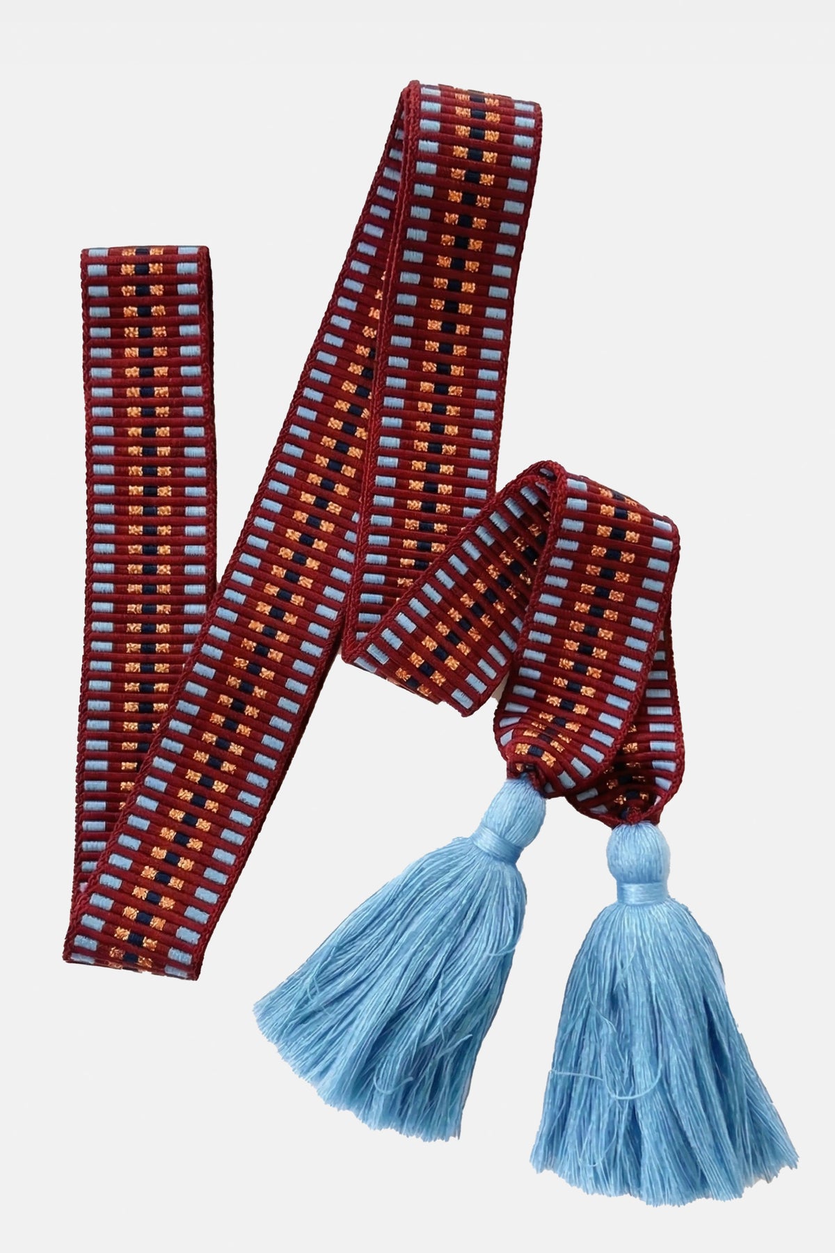 WOVEN BELT WITH TASSELS "GRAPHIC" RED/CIEL/COPPER