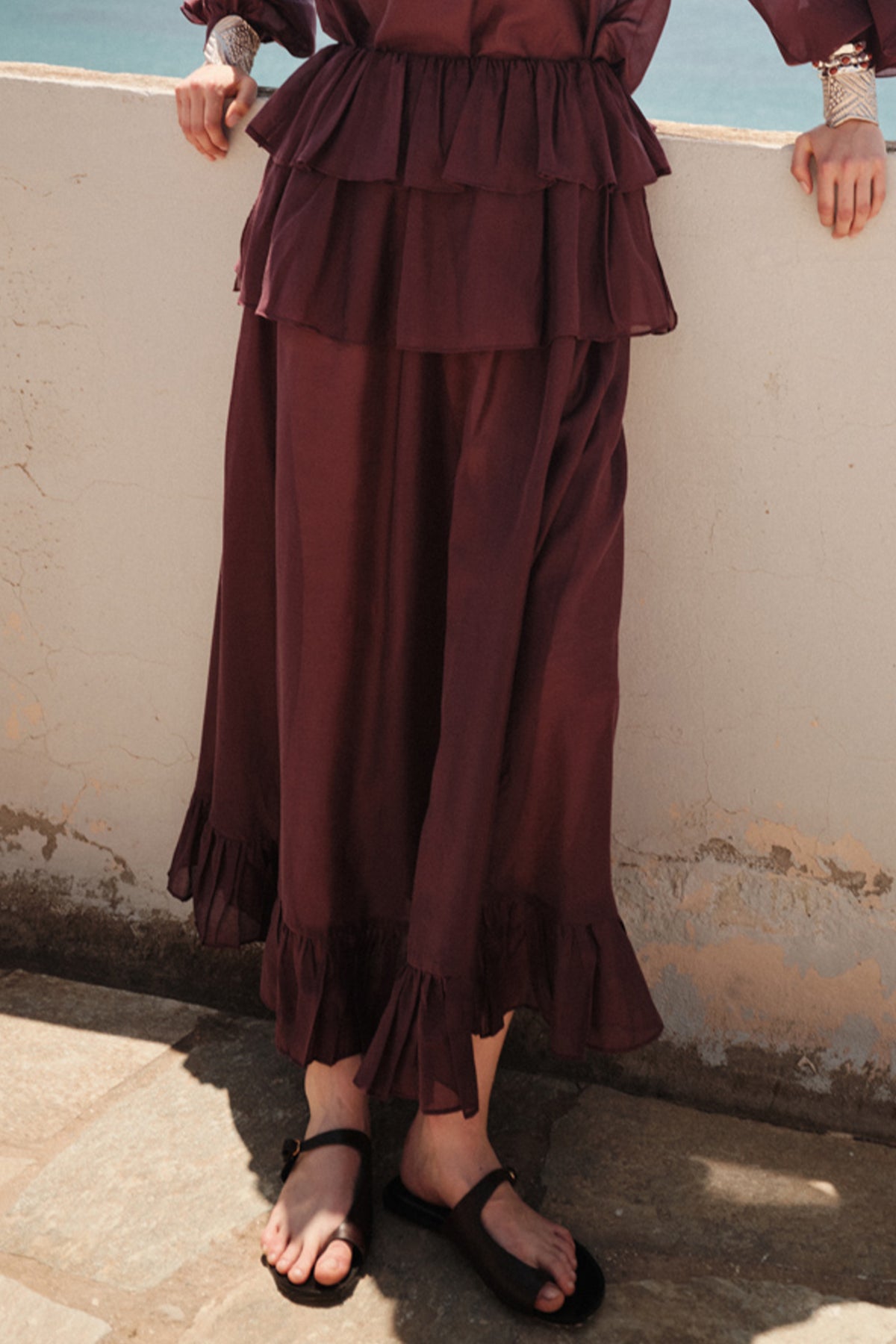 MAXI SKIRT WITH RUFFLES “GLOWVE“ GRENADINE