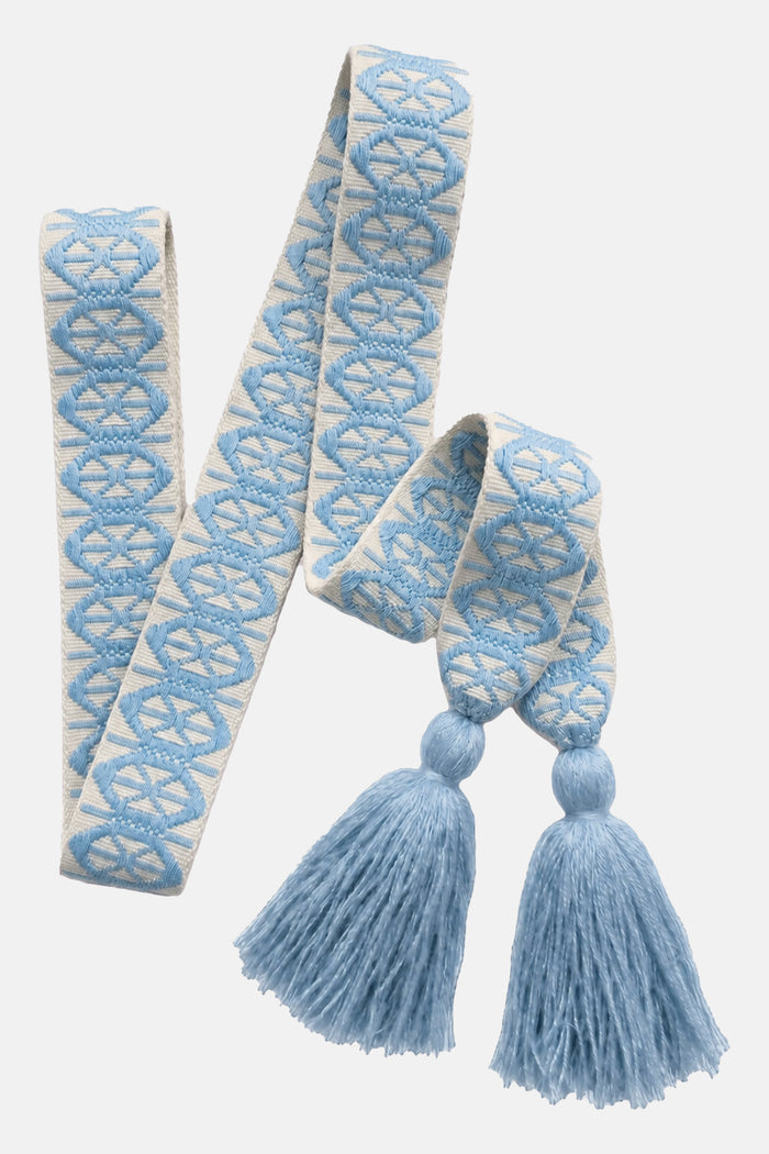 WOVEN BELT WITH TASSELS "KYKLOS" ECRU/LIGHT BLUE