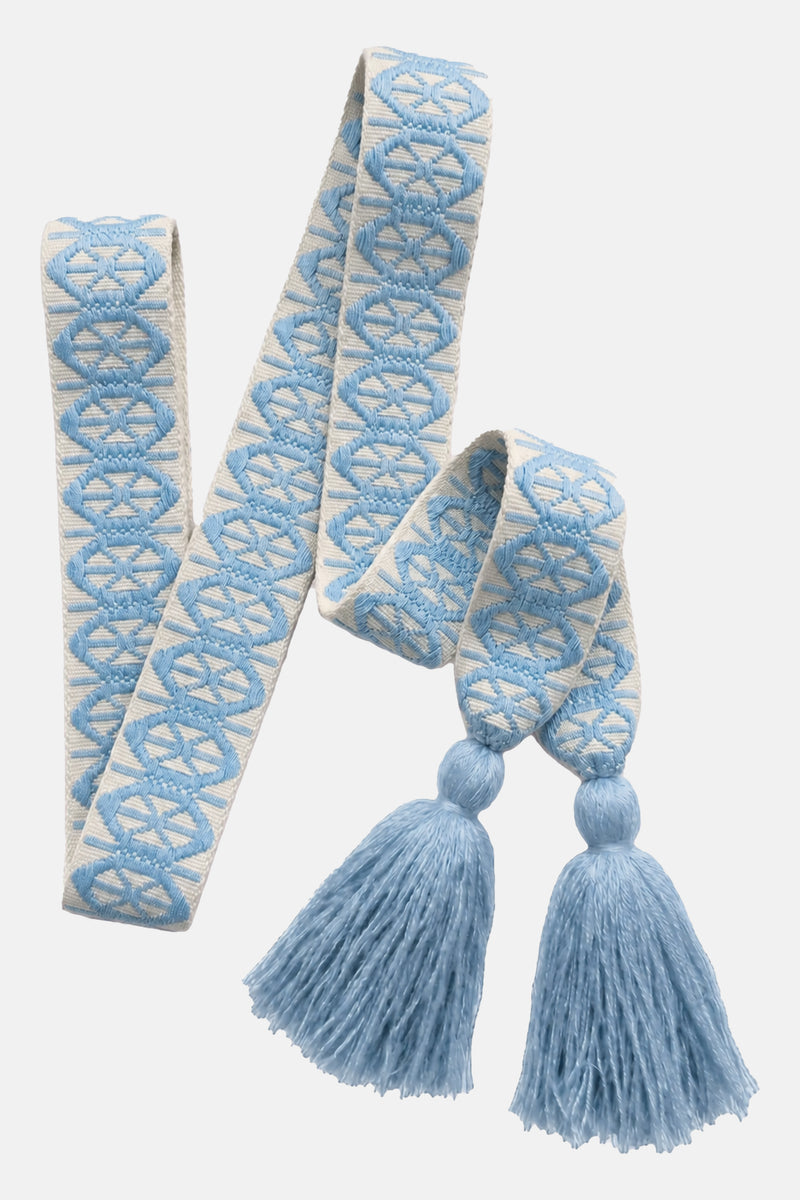 WOVEN BELT WITH TASSELS "KYKLOS" ECRU/LIGHT BLUE