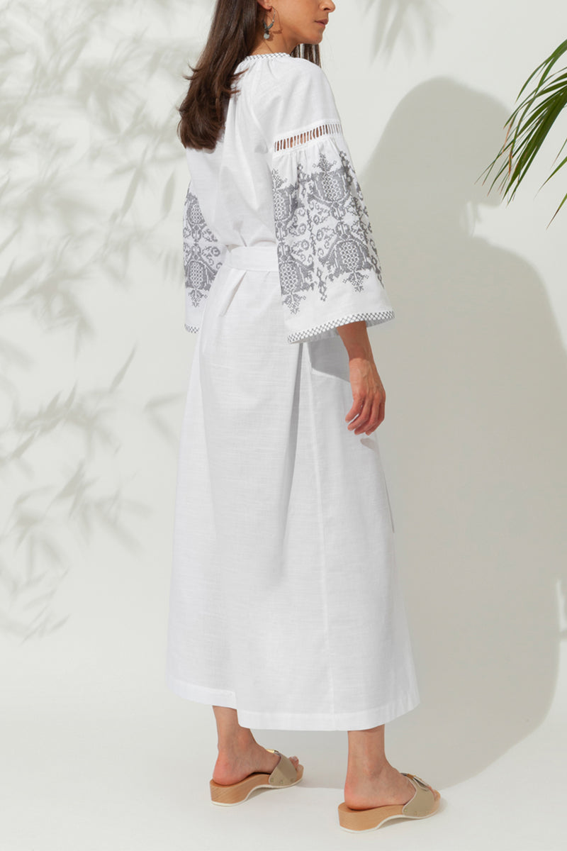 EMBROIDRED KAFTAN DRESS "PENELOPE" WHITE/GREY