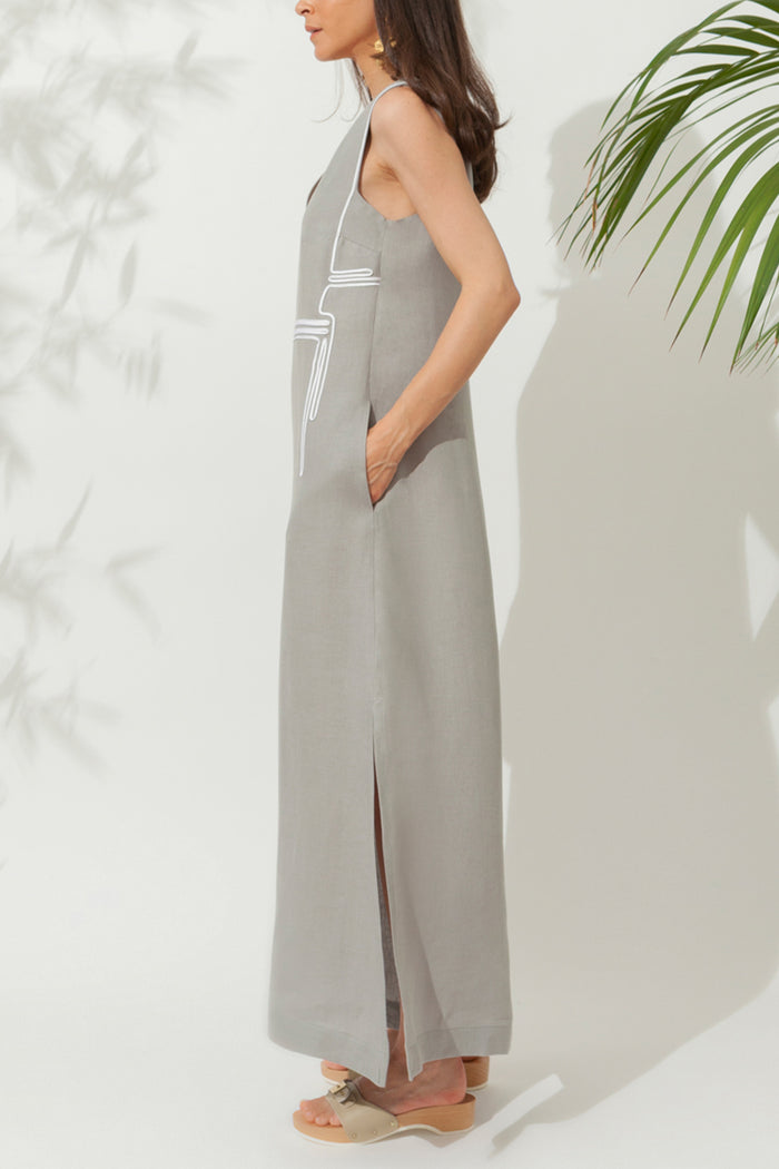 LONG SLEEVELESS LINEN KAFTAN "ATHENA" GREY