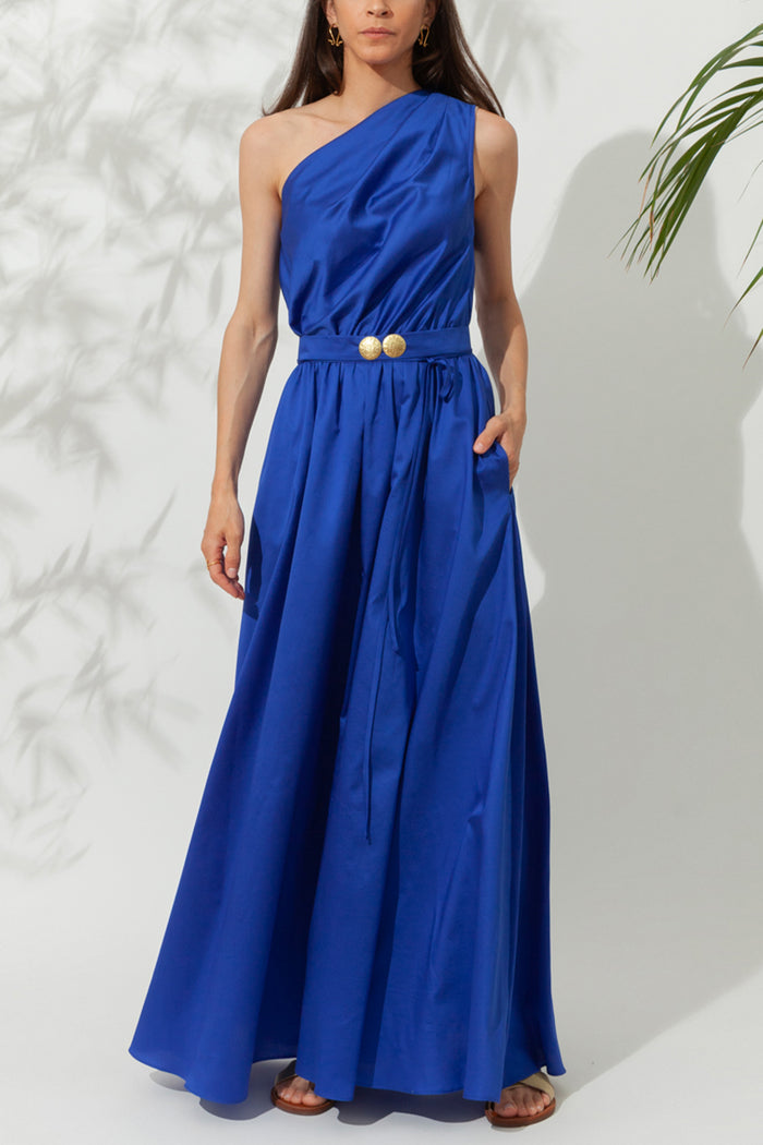 LONG ONE SHOULDER DRESS "PELAGOS" GREEK BLUE
