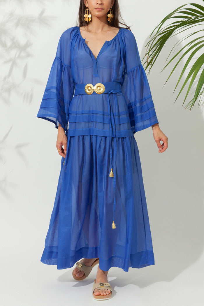 LONG SILK COTTON DRESS "MYKONOS" GREEK BLUE