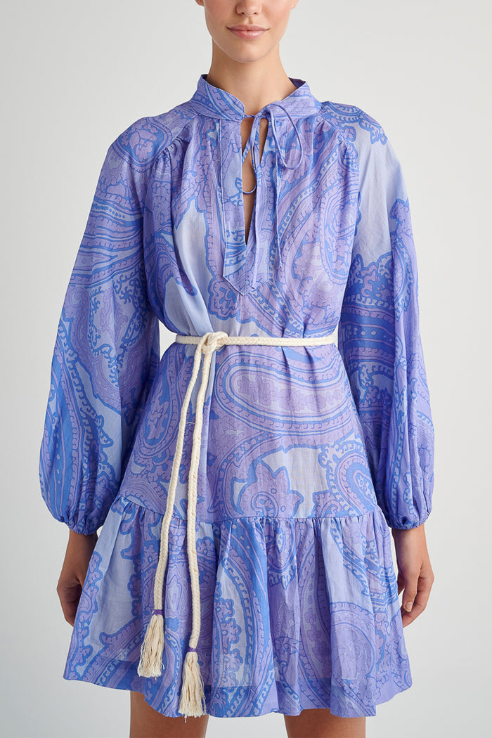 SHORT DRESS WITH BELT "SYMI" LILAC/BLUE