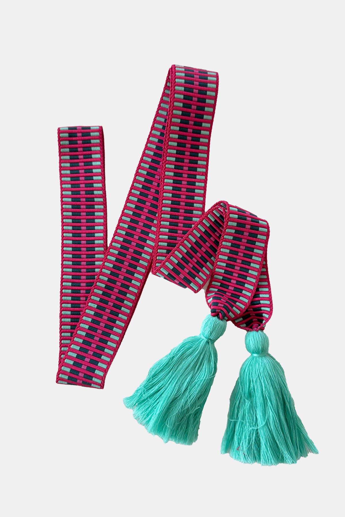 WOVEN BELT WITH TASSELS "GRAPHIC" FUCHSIA/DARK GREEN/MINT