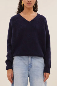 MERINO V-NECK PULLOVER "MEADOW" MIDNIGHT BLUE