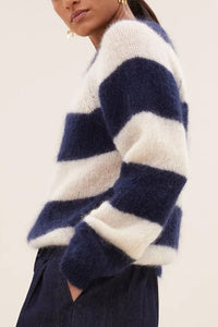MOHAIR KNIT PULLOVER "STRIPES" BLUE/OFF WHITE
