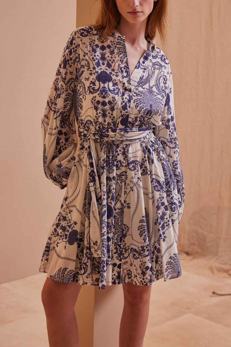 SHORT COTTON DRESS "MEGAN" OFFWHITE/BLUE