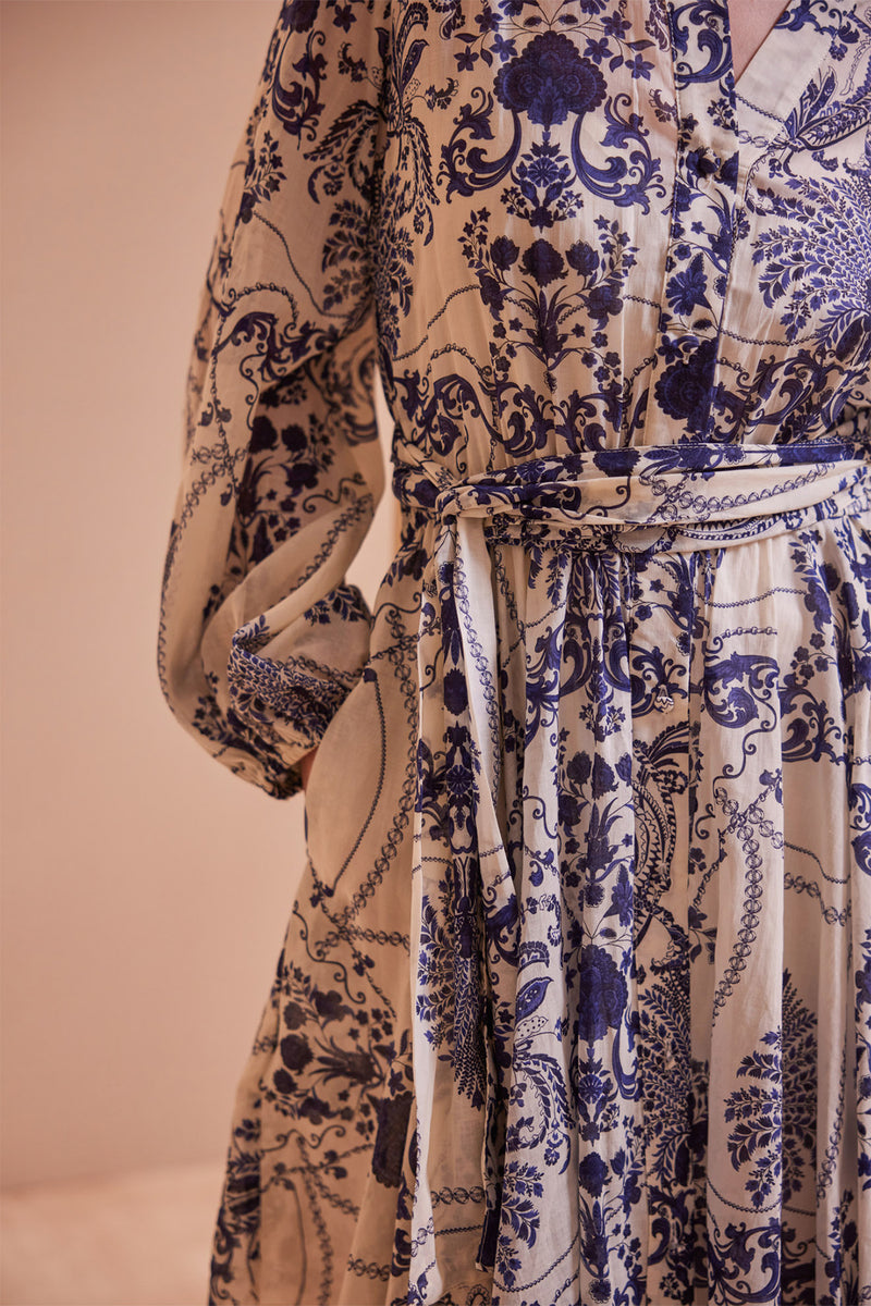 SHORT COTTON DRESS "MEGAN" OFFWHITE/BLUE